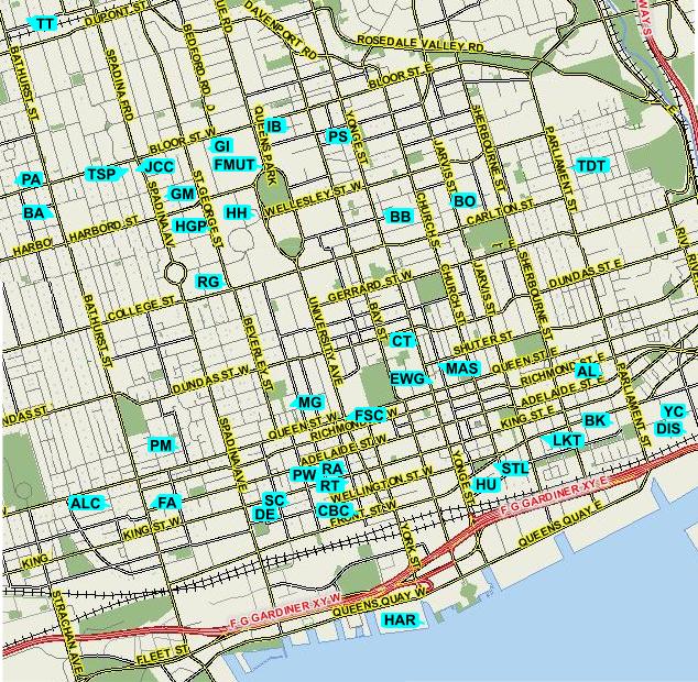 Artword's map of Theatre, Dance and Concert Venues in Toronto 