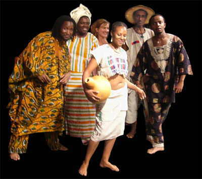 A colour photo of the cast of Market of Tales in traditional African dress. 