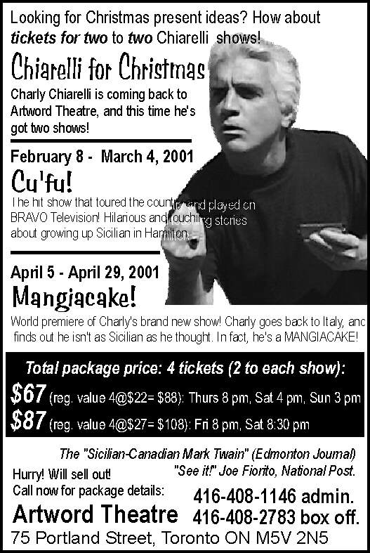 Poster for two shows, Cu'fu and Mangiacake, showing Charly Chiarelli making a "Cu'fu?" gesture. 